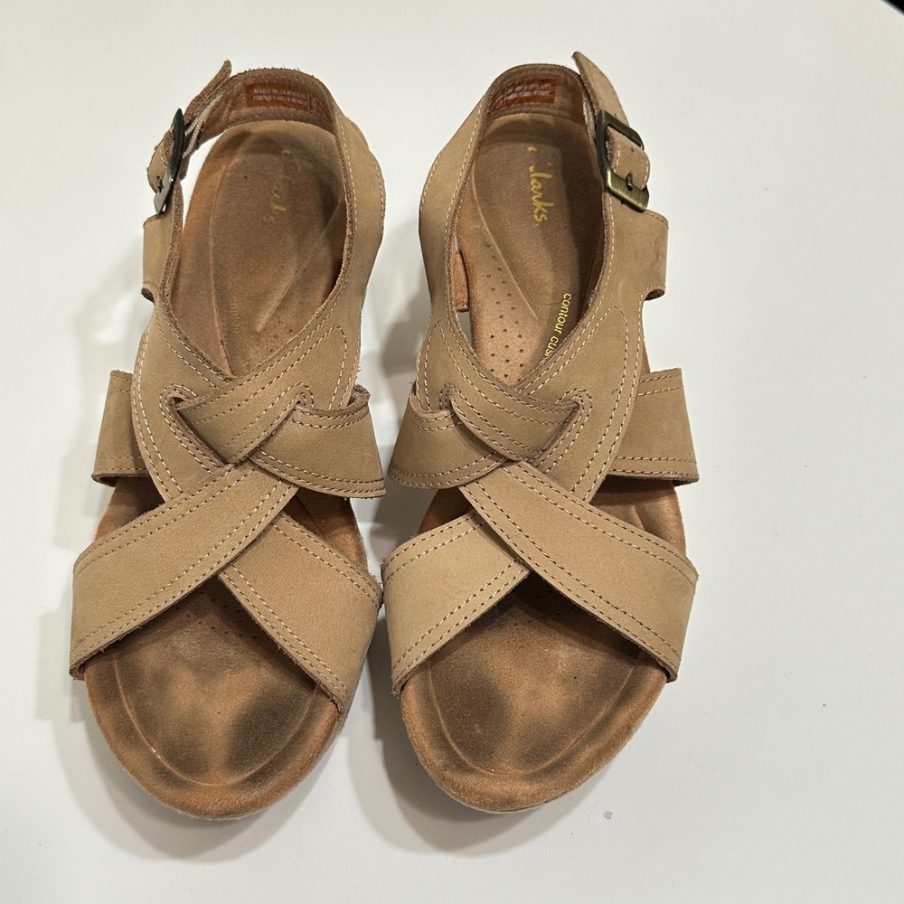 Clarks Womens Eleri Rae Leather Criss Cross Shoes Size 9 Cork Wedge Heel Sandals - Picture 2 of 13